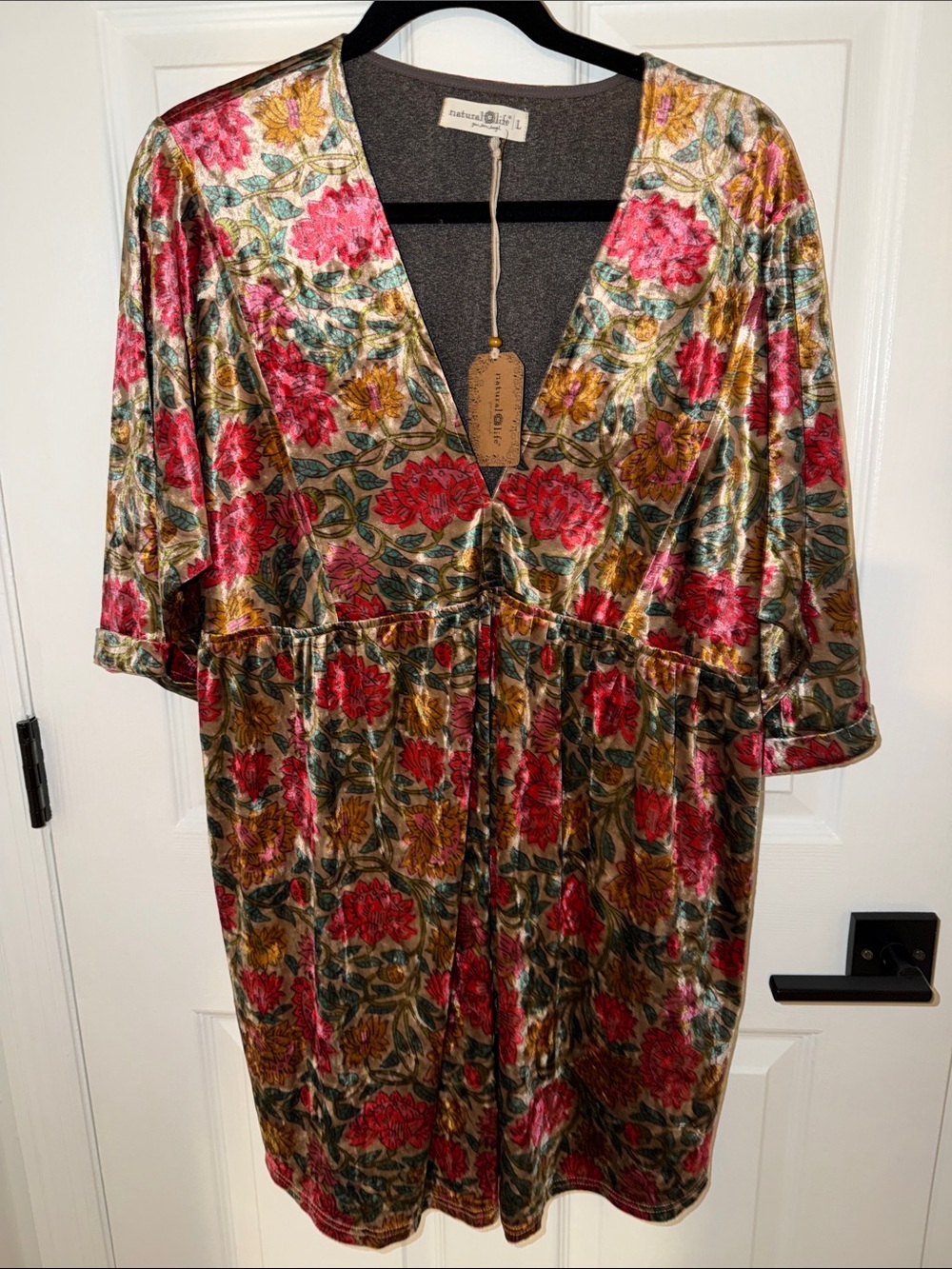 NATURAL LIFE Pink, Gold & Green Floral V-Neck Velvet Dress